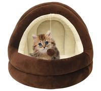Cat Bed Brown Cream Fleece Cozy Padded 40x40x35cm Cave with Toy Ball Non-Slip PP
