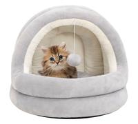 Cat Bed Grey & Cream Fleece Plush House 50x50x45cm PP Cotton Pad Anti-Slip Ball