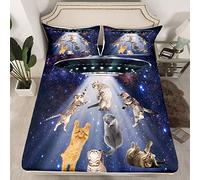 Cat Bed Sheet Set Outer Space Cute Cats Bedding Sheets Galaxy Nebula Pet Catsative Animal Bedding Fitted Sheet Gorgeous Lovely Animals Bed Cover 3Pcs King Size