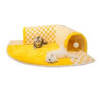Cat Bed Tunnel, Warm Cozy Tunnels, 2 White Balls Detachable Indoor Plush Cushion, Non-Slip Bottom 23.62x23.62x8.66 Inches, Yellow, For Kittens, Ferrets, Puppies