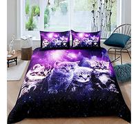 Cat Bedding Set Cute Pet Comforter Cover Cats Outer Space Kawaii Kitten Duvet Cover for Children Kids Boys Girls 3D Animal Theme Galaxy Bedspread Cover Room Decor Bedclothes King Size