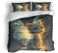 Cat Bedding Set For Boys Girls,Starlight Wings Single Kids Duvet Cover 135×200Cm 3D Printed Soft Microfibre Polyester Comforter With Zipper Teens Quilt Cover 2 Pillowcases 50×75Cm
