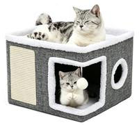 Cat Beds for Indoor Cat,Cat House,2-Layer Large Foldable Cat Cave with Scratch Pad & Hanging Fluffy Ball, Cosy Pet Hideaway Bed for Multiple Small Pets, All-Season Reversible Cushion, Grey(2 Layer)