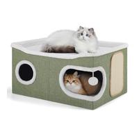 Cat Beds for Indoor Cats, Extra Wide Cat Cube House for Multi Cats, 2 Layer Foldable Cave Hideaway with Scratch Board and Fluffy Ball, 61 * 35 * 42CM, Double-Side Soft Cushion for All Seasons, Green