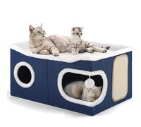 Cat Beds for Indoor Cats, Extra Wide Cat Cube House for Multi Cats, Foldable Cat Cave Hideaway with Arc-Edge Design & Oval Door, Double-Side Soft Cushion for All Seasons, 24"L x 17.7"D x 12.6"H, Blue