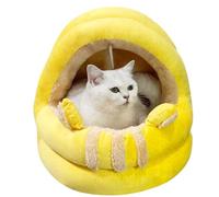 Cat Beds for Indoor Cats, Semi-Enclosed Cat Cave Bed with a Plush Ball Large Space for Cats to Sleep Soft and Comfortable Covered Cat Bed with a Washable and Detachable Mat (Yellow,Small)