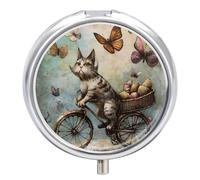Cat Bicycle Butterfly Pill Case Box with 3 Compartment Medicine Vitamin Organizer for Purse Pocket 5x5cm