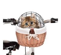 Cat Bike Basket,Willow Bicycle Front Woven Bike Basket with Wire Mesh Cover | Detachable Front Handlebar, Wicker for Small Dogs Cats