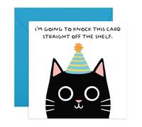 Cat Birthday Card - Black Kitty in Party Hat ‘Knock This Card Straight off the Shelf’ - Greeting for Cat Lover Friend, Brother, Sister, Neighboour, Fur Mum Dad, Him, Her - Comes with Stickers