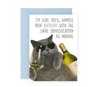 Cat Birthday Card - Cool Grey Cat with Wine - Humorous Card for Friends, Him, Her, Men, Women, Drunk, Bestie, BFF, Partner - Pet Owners - Comes with Fun Stickers