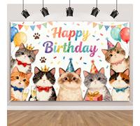 Cat Birthday Decorations Backdrop - 7x5ft Extra Large Kitten Happy Birthday Banner - Pet Paw Theme Party Photography Background, High-Density Polyester Fabric for Indoor Outdoor Event Decor