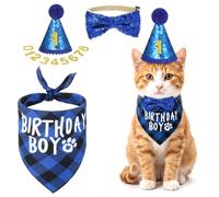 Cat Birthday Decorations, Cat Birthday Bandana Cats Birthdays Hat with Number Bow Tie Cats Birthdays Outfit for Cat-Pet Kittens Apparel Christmas Party Outfits Supplies(Blue)