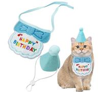 Cat Birthday Decorations, Cute Cat Puppy Birthday Hat Scarf Set, Lovely Cat Costume Accessories, Bib Collar Pet Outfits, Birthday Supplies for Kitten Cats Puppy Dogs (Sky Blue)