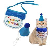 Cat Birthday Decorations, Cute Cat Puppy Birthday Hat Scarf Set, Lovely Cat Costume Accessories, Bib Collar Pet Outfits, Birthday Supplies for Kitten Cats Puppy Dogs (Dark Blue)