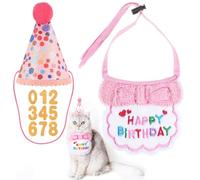 Cat Birthday Hat Outfit Bandana Scarf with Number, Party Hat Dog Costumes Cute Kitten Puppy Bib Scarf Party Decorations Set for Small Medium Cats & Doggy(Pink)