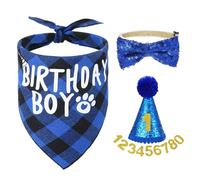 Cat Birthday Hat Set, Small Pet Birthday Party Supplies, Bandana Bow Tie Collar Hat with Number for Cats Kittens Apparel Outfits (Blue)