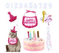 Cat Birthday Outfit Set, Birthday Bandana and Hat with 0-9 Numbers, Plush Birthday Cake and Funny Hanging Cat Toy with Catnip, Sweet Birthday Gift for Celebration (Pink)
