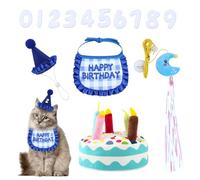Cat Birthday Outfit Set, Birthday Bandana and Hat with 0-9 Numbers, Plush Birthday Cake and Funny Hanging Cat Toy with Catnip, Sweet Birthday Gift for Celebration (Blue)