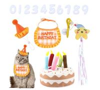 Cat Birthday Outfit Set, Birthday Bandana and Hat with 0-9 Numbers, Plush Birthday Cake and Funny Hanging Cat Toy with Catnip, Sweet Birthday Gift for Celebration (Orange)