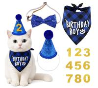 Cat Birthday Outfit Set Blue, Cat Birthday Hat with Bandana Bow Tie and Number Accessories, Cat Birthday Decorations Costume Set for Cats Kittens Pets