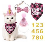 Cat Birthday Outfit Set Pink, Cat Birthday Hat with Bandana Bow Tie and Number Accessories, Cat Birthday Decorations Costume Set for Cats Kittens Pets