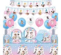Cat Birthday Party Decorations Kit - 112 Pieces Kids Party Decoration Tableware Plates Napkins Cups Straws Tablecloth Crown Cat Balloons Happy Birthday Banner Balloon for Girl Pet Cats Themed Supplies