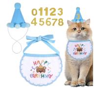 Cat Birthday Party Supplies Blue Hat with Numbers Kitten Bandana Small Dog Cat Birthdays Hat Embroidered Scarf Set Cute Pet Happy Birthday Decorations for Kitten Puppy Outfits