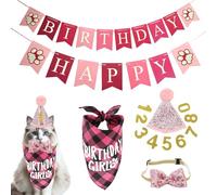 Cat Birthday Party Supplies, Cat Birthday Hat with Number Stickers, Sequin Bow Tie, Plaid Birthday Girl Bandana & Paw Print Banner, Kitten Birthday Outfit Decorations