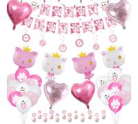 Cat Birthday Party Supplies - Cat Happy Birthday Banner, Crown Cat Balloon, Cat Paw Macaron Balloon, Heart Balloon, Cake Topper and Hanging Swirl for Kids Kitten Pet Theme Decorations (Set 01)