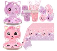 Cat Birthday Party Supplies Set, Kitten Tableware Includes Plates, Tablecloth, Cups and Straws for Kids Cat Party Decorations, Serves 20 Guest (Style A)