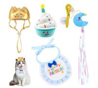 Cat Birthday Photoshoot Kit - 4PCS Set with Crown Hat, Embroidered Bib & Squeaky Cake Toy with Door Hanging Teaser Celebration Costume Props & Gift for Cats (Blue)