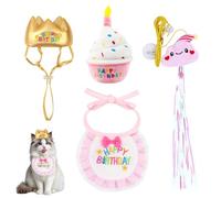 Cat Birthday Photoshoot Kit - 4PCS Set with Crown Hat, Embroidered Bib & Squeaky Cake Toy with Door Hanging Teaser Celebration Costume Props & Gift for Cats (Pink)