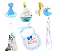 Cat Birthday Set - 4PCS Kit with Embroidered Bib, Party Hat & Squeaky Cake Toy with Door Hanging Teaser Costume for Birthday Photoshoot & Paw-ty Celebration Gift(Blue)