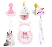 Cat Birthday Set - 4PCS Kit with Embroidered Bib, Party Hat & Squeaky Cake Toy with Door Hanging Teaser Costume for Birthday Photoshoot & Paw-ty Celebration Gift(Pink)