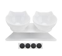 Cat Bowls, Plastic Cat Food Bowl, Double Bowl Neck Guard Pet Feeding Bowl, Food Feeder Bowl, Elevated Cat Bowls with 15° Tilt Design for Home Pet Shop Living Room (White base +