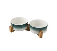 Cat Bowls, Puppy Ceramic Food and Water Bowls Set, Indoors Pet Bowls with Wood Stand (Green)