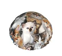Cat Breeds Packed Cats Shower Cap Elastic Reusable DoubleBath Cap Waterproof Exterior PEVA Lining Hair Bonnet for Women 1 pieces