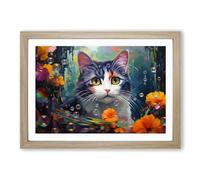 Cat Bubbles Framed Print | A2 Oak Framed Wall Art | Ready to Hang | Modern Animal Picture | Living Room Bedroom Lounge Office