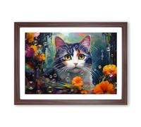Cat Bubbles Framed Print | A2 Walnut Framed Wall Art | Ready to Hang | Modern Animal Picture | Living Room Bedroom Lounge Office