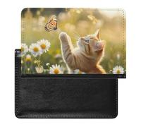 Cat Butterfly Daisy Flowers Leather Passport Holder Compact ID Card Cover Case Slim Travel Wallet for Men Women