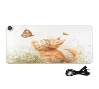 Cat Butterfly Flowers White Print Heated Desk Mat Large Heated Laptop Mat with 3 Heating Levels PU Leather Table Protector Writing Pad for Office Work Home Decor, 31.5x13in