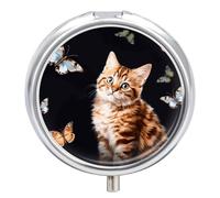 Cat Butterfly Pill Case with 3 Compartments - Portable Travel Pill Organizer for Purse, Easy-Open Button Design, Small Round Pillbox Vitamin Holder Organizer for Women Men
