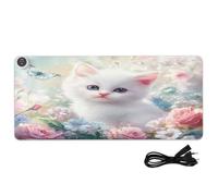 Cat Butterfly Roses White Print Heated Desk Mat Large Heated Warm Desk Pad with 3 Heating Levels PU Leather Computer Keyboard Pad for Work Home, 35.4x15.7in