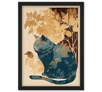 Artery8 Cat by Countryside Shrub Bush in Autumn Modern Linocut Illustration Artwork Framed Wall Art Print A4