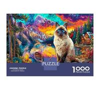 Cat by Mountain Lake Sunset 1000 Pieces Jigsaw Puzzle Nature Scene Premium Jigsaw Puzzle Thick Cardboard Impossible Hard Challenging Relaxation Creativity Gift Giving for Adults 38x26cm/1000pcs