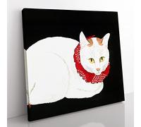 Cat by Takahashi Shotei Asian Japanese Canvas Wall Art Print Ready to Hang, Framed Picture for Living Room Bedroom Home Office Décor, 35x35 cm (14x14 Inch)