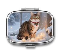 Cat by The Christmas Window Pill Box Travel Pill Organizer 2-Compartment with Mirror Design Portable Square Medicine Case for Vitamins, Jewelry & Essentials Durable Pocket Pillcase for Purse, Camping