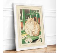 Cat by the Window Japandi Framed Wall Art Print A4 (29.7×21cm) White, Wall Decor for Living Room, Bedroom, Office & Home, Ready to Hang, Art Gift