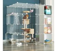 Cat Cage- Cat Cages Indoor Large, Pet Cages for Cats,diy Metal Wire Grid Cage,metal Enclosure Net Exercise Yard Fence Cage with Door and Storage Box for Small Pets Rabbit,White-147 * 111 * 146cm