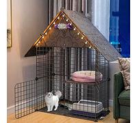 Cat Cage Indoor 2-Tier Cat Condo Cat Kennels Crate, Metal Cat House Indoor Pet Enclosure with Litter Boxcat Hammock - for Rabbit, Bunny, Guinea Pig, Chinchilla (Black)